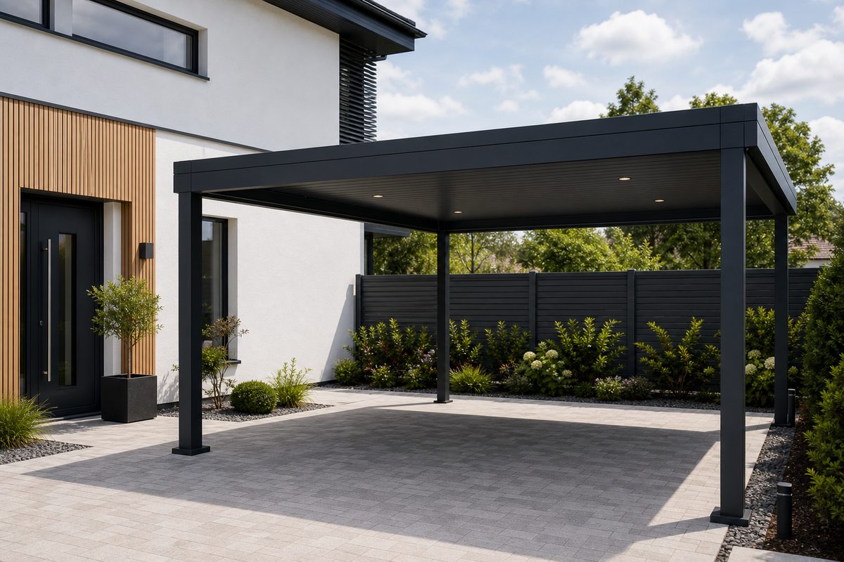Aluminium Carport an modernem Wohnhaus