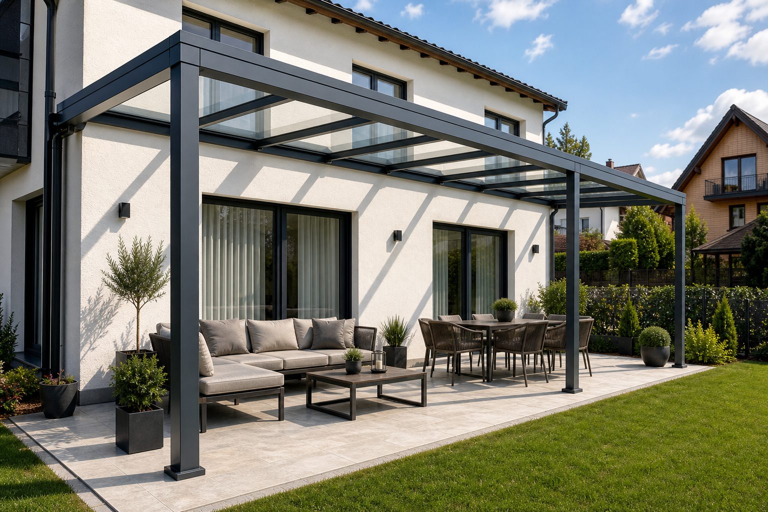 Aluminium Terrassenüberdachung mit Glasdach auf moderner Terrasse in Nürnberg