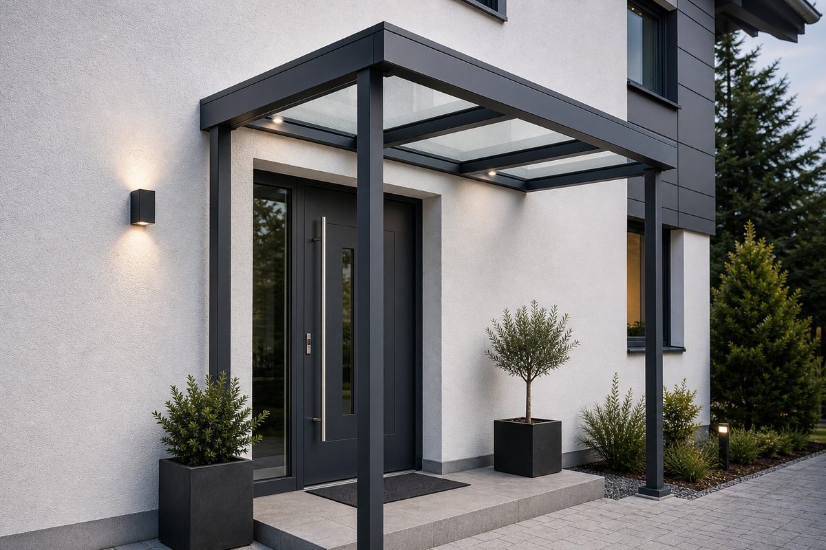 Aluminium Vordach mit Glas am Hauseingang